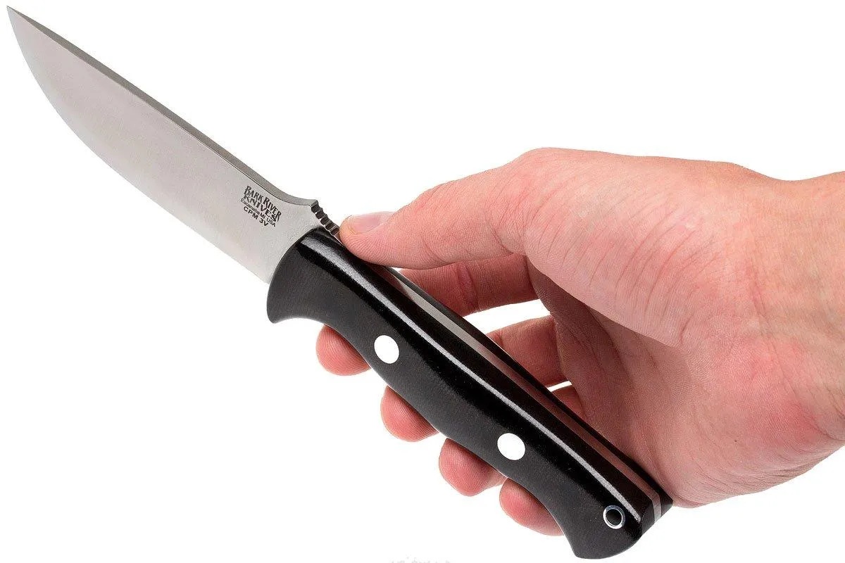 Bark River Bravo 1 LT CPM 3V, Black Canvas micarta, funda marrón