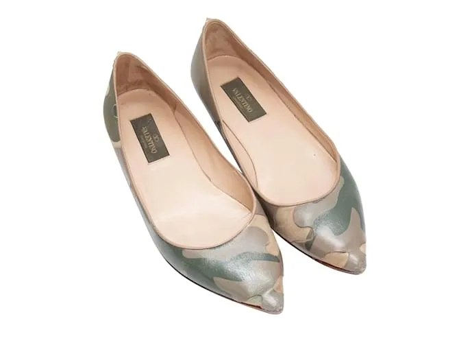 Zapatos planos con punta en punta de cuero Valentino Camo verde oliva y multicolor 37.5 